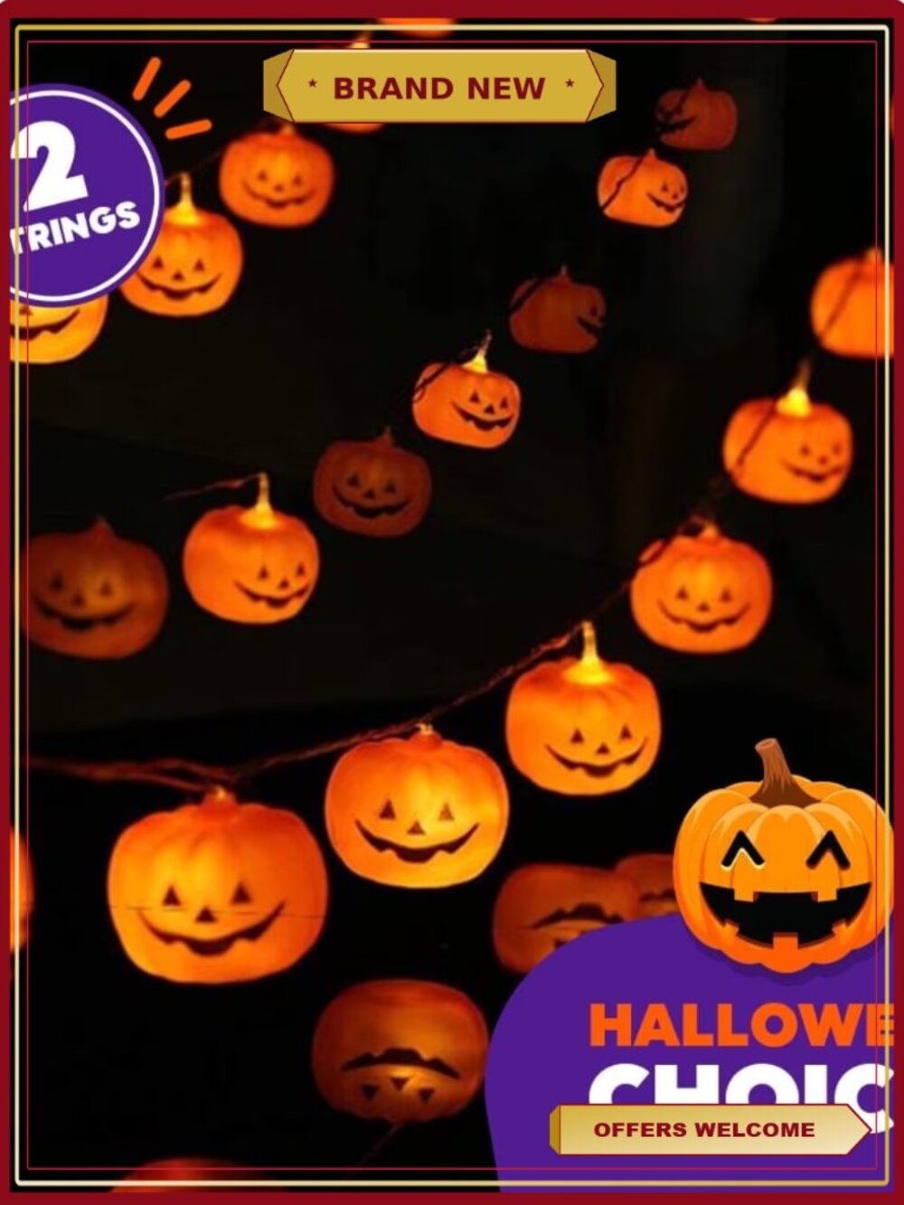 Halloween String Lights 2 Pack 40 LED Pumpkin Bulbs 8 Modes 23 Feet Battery